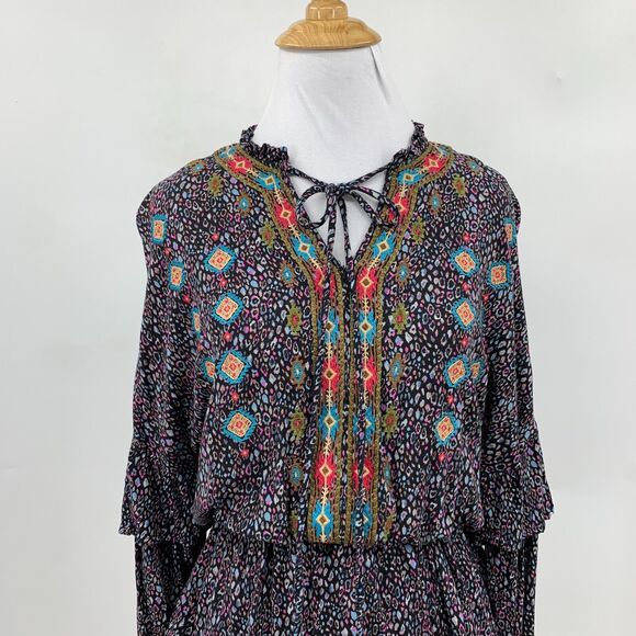 Savanna Jane Boho Top Women S Small Bell Sleeve Peplum Tiered Floral Keyhole Tie - Picture 3 of 11